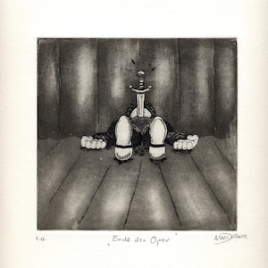 Etching &quot;End of the Opera&quot; Singing Original Etchings Music Humor Etchings Aquatint