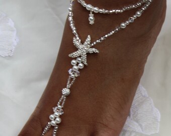 Barefoot Sandal And Matching Bracelet Pearl Foot Jewelry And Bracelet Rhinestone Anklet Starfish Bracelet And Beach Sandal Swarovski Jewelry