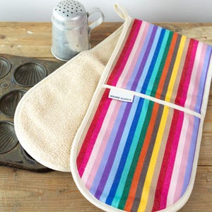 Rainbow Striped Double Oven Gloves, Organic Cotton Mitts, Colourful Heatproof Oven Glove, Baking Glove, Housewarming Gift for Cook, UK Made