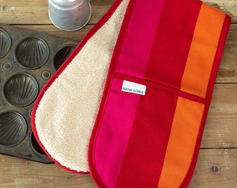 Striped Double Oven Gloves, Red Orange Pink, Colourful Woven Cotton Kitchen Mitts, Heatproof Aga Glove, Housewarming Gift for Cook, UK Made
