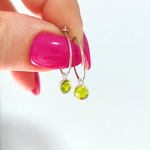 Sterling Silver peridot earrings, hoop peridot charm earrings, dangle earrings, drop earrings, dainty earrings, ,gift for women