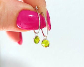 Sterling Silver Peridot Hoop Earrings: Dainty Gemstone Dangle - peridot Jewellery