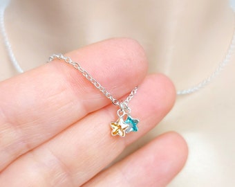 Sterling silver aquamarine and topaz star charm necklace, 925 silver, dainty necklace, stars necklace, star pendant necklace