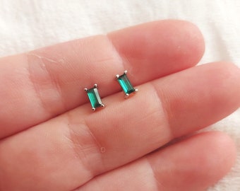 Sterling silver emerald stud earrings, rectangular studs, tiny stud earrings, small stud earrings, dainty earrings,hypoallergenic earrings