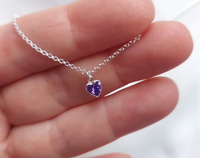 Sterling Silver Dainty amethyst heart Necklace Pendant, gift for women