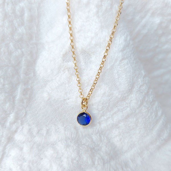 Sapphire round gold charm necklace, gold filled necklace, blue pendant necklace, something blue necklace, gold dainty necklace, birthstone