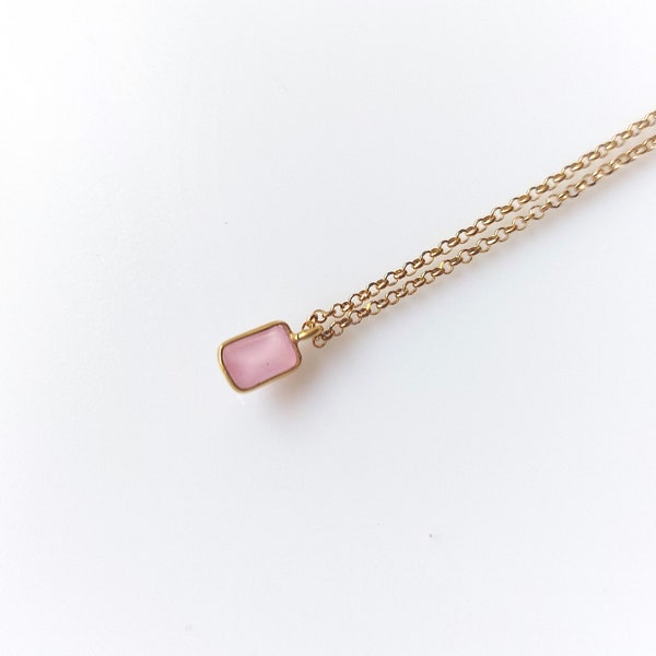 Gold rose quartz necklace, pink quartz necklace in gold filled chain, rectangle pendant necklace, for her, for women, dainty necklace