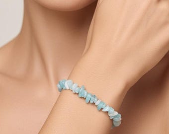 Genuine aquamarine bracelet, real gemstone aquamarine stretch bracelet, gift for women, gift for men, elastic bracelet