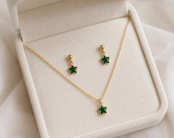Emerald green jewelry set gold filled, star necklace and earrings set , dainty minimalist jewellery gifts