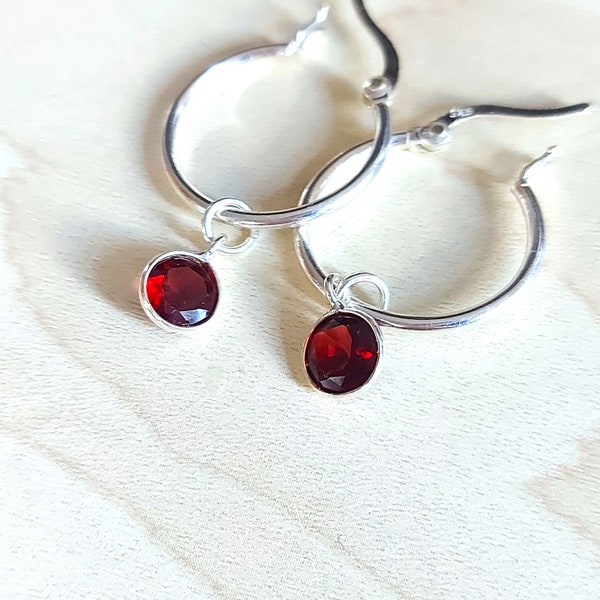 Sterling Silver garnet earrings, january birth stone earrings, silver hoop earrings, burgundy earrings, genuine gemstone