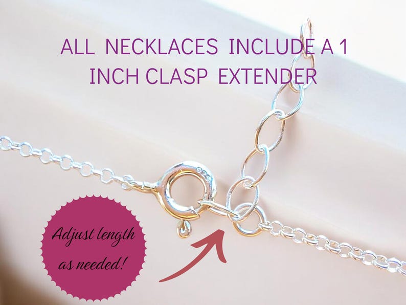May include: A silver chain necklace with a clasp extender. The extender is an extra 1 inch of chain that allows the necklace to be adjusted in length. The text "Adjust length as needed!" is printed on a pink circle.
