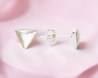 Triangle stud earrings, mother of pearl sterling silver earrings, 925 studs, tiny triangle post earrings, white earrings