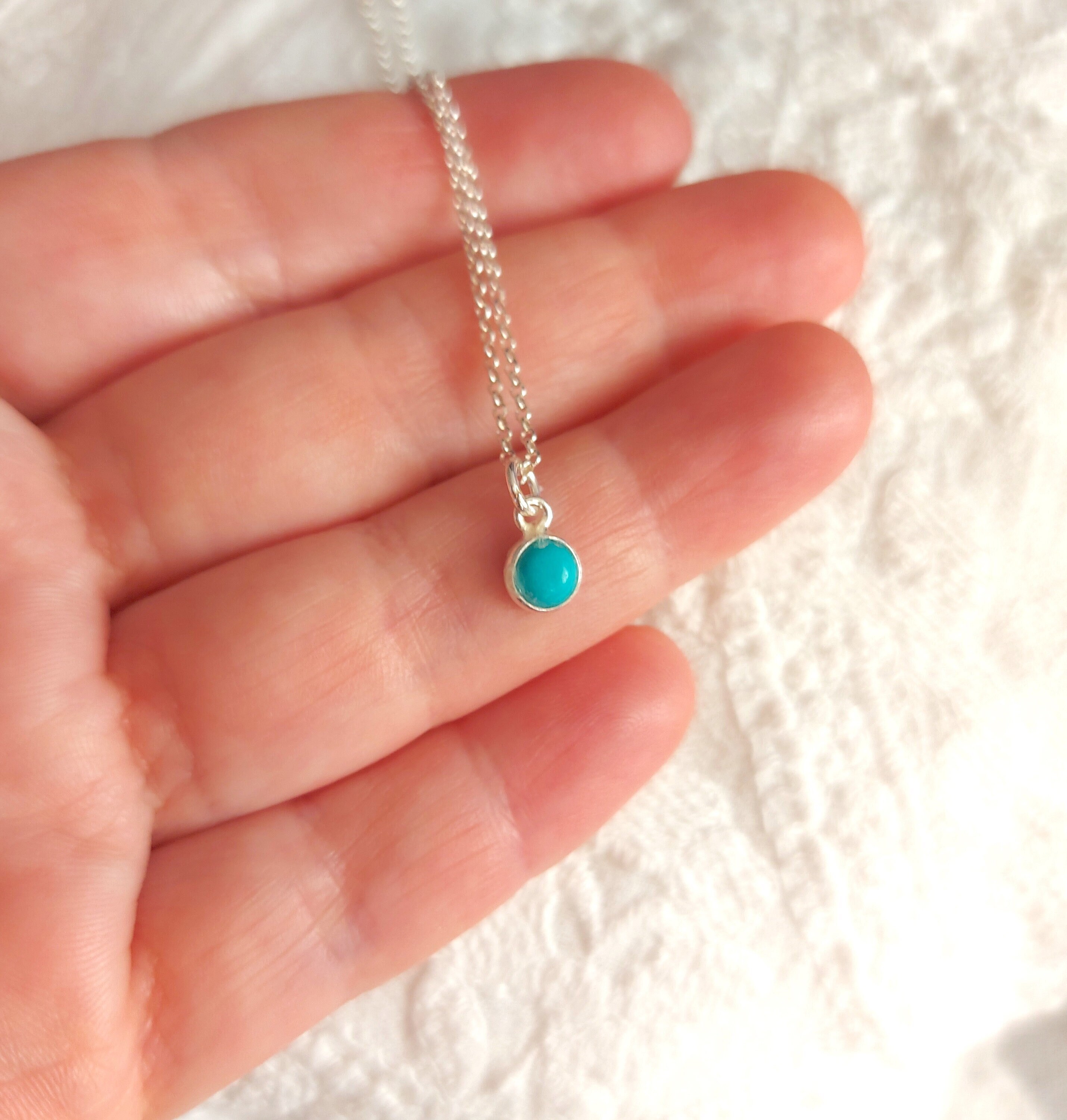 Dainty Tiny Turquoise Necklace in Sterling Silver 925, Turquoise 