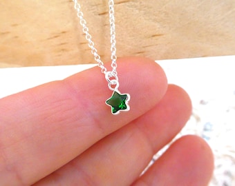 Emerald green  star birthstone necklace, tiny pendant, sterling silver necklace, emerald necklace, star necklace