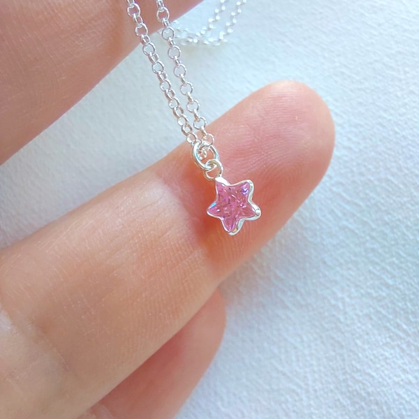 Pink star sterling silver 925 necklace, tiny rose quartz star pendant necklace, charm necklace, sterling silver and pink stone necklace
