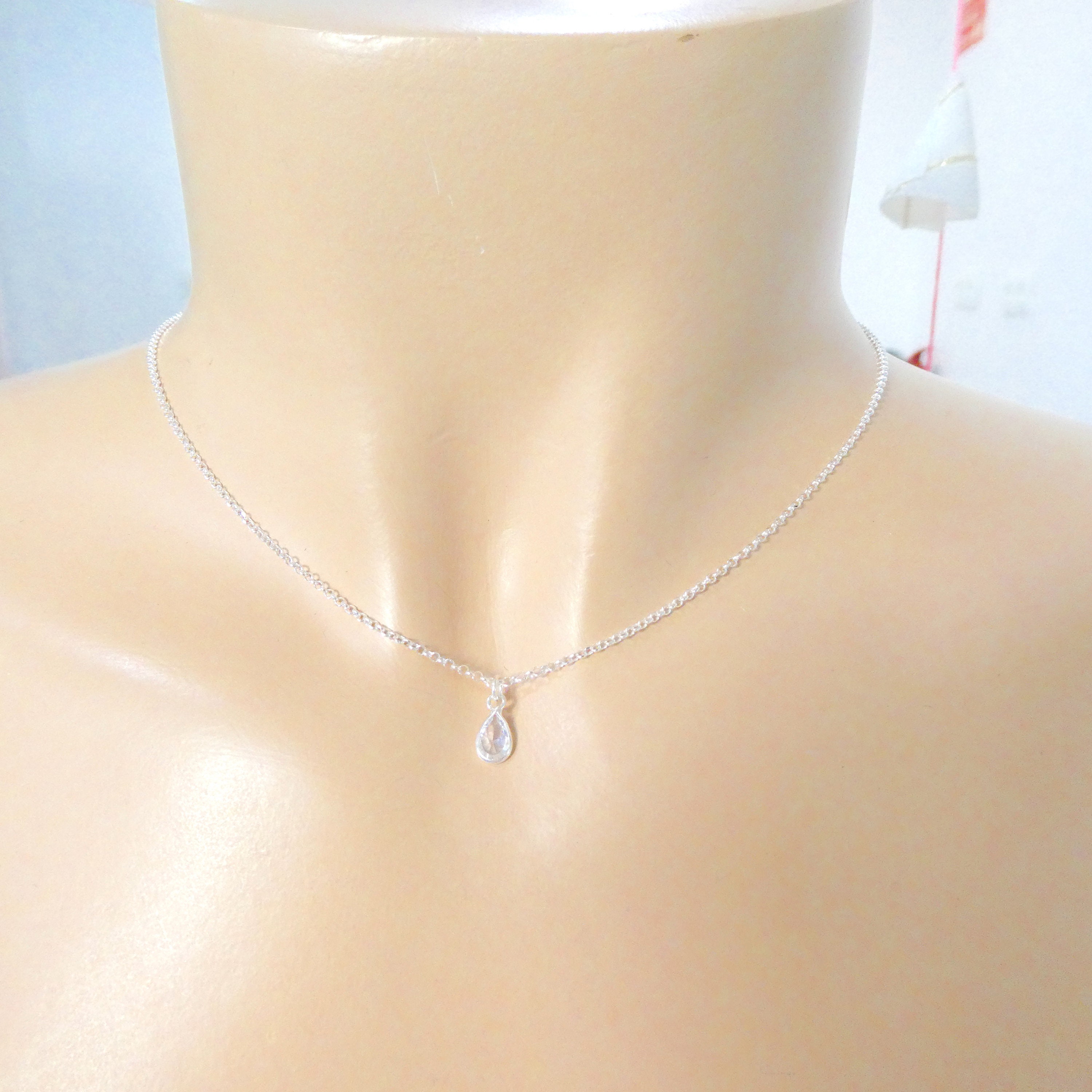 Sterling Silver Crystal Teardrop Pendant Necklace, Crystal