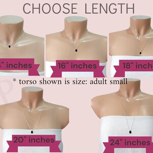 May include: Five mannequins wearing white tops and silver necklaces of varying lengths. The necklaces are 14 inches, 16 inches, 18 inches, 20 inches, and 24 inches long. The text "CHOOSE LENGTH" is at the top of the image. The text "* torso shown is size: adult small" is below the mannequins.