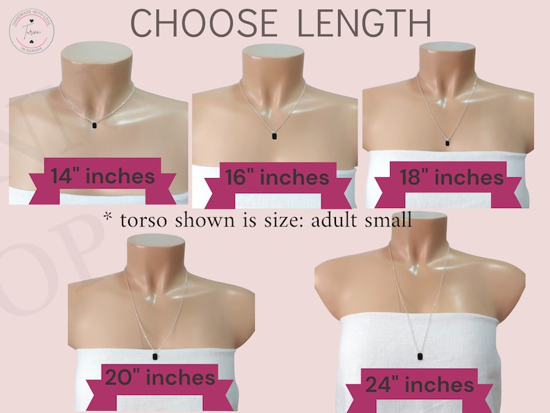 May include: Five mannequins wearing white tops and silver necklaces of varying lengths. The necklaces are 14 inches, 16 inches, 18 inches, 20 inches, and 24 inches long. The text "CHOOSE LENGTH" is at the top of the image. The text "* torso shown is size: adult small" is below the mannequins.