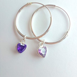 Puede incluir: Un par de pendientes de aro de plata con un colgante de corazón de piedra preciosa púrpura.