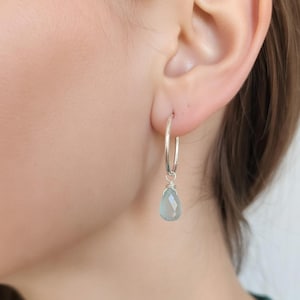 Sterling Silver dangle hoops authentic Aquamarine earrings, teardrop earrings, drop earrings, dainty gift for women