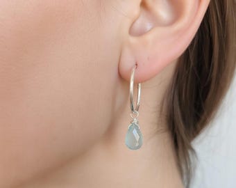 Sterling Silver aquamarine charm earrings, dangle hoops Aqua earring,  teardrop charm dainty gift for women