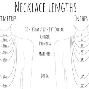 May include: A diagram showing different necklace lengths in inches and centimetres. The lengths are labelled with the terms "Choker", "Princess", "Matinee", and "Opera".