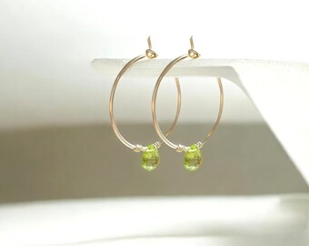 Sterling Silver Peridot Hoop Earrings: Dainty Green Gemstone Hoops