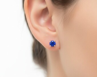 Sterling Silver lapis lazuli stud earrings, tiny gemstone delicate small post dainty earrings