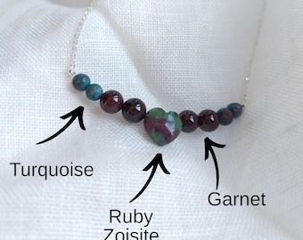 Ruby Zoisite Gemstone Necklace: Garnet & Turquoise Beaded Sterling Silver