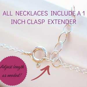 May include: A silver chain necklace with a clasp extender. The extender is an extra 1 inch of chain that allows you to adjust the length of the necklace. The text "Adjust length as needed!" is written on a pink circle.
