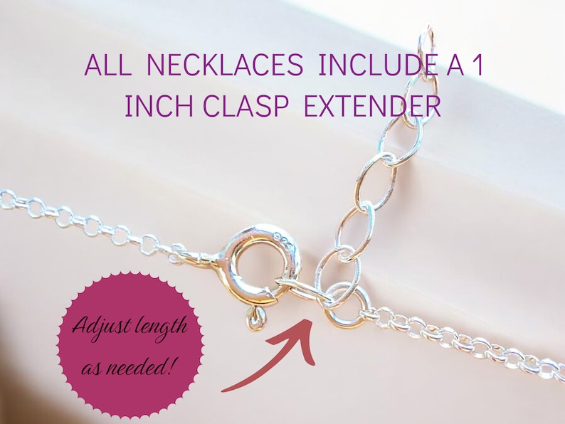 May include: A silver chain necklace with a clasp extender. The extender is an extra 1 inch of chain that allows you to adjust the length of the necklace. The text "Adjust length as needed!" is written on a pink circle.