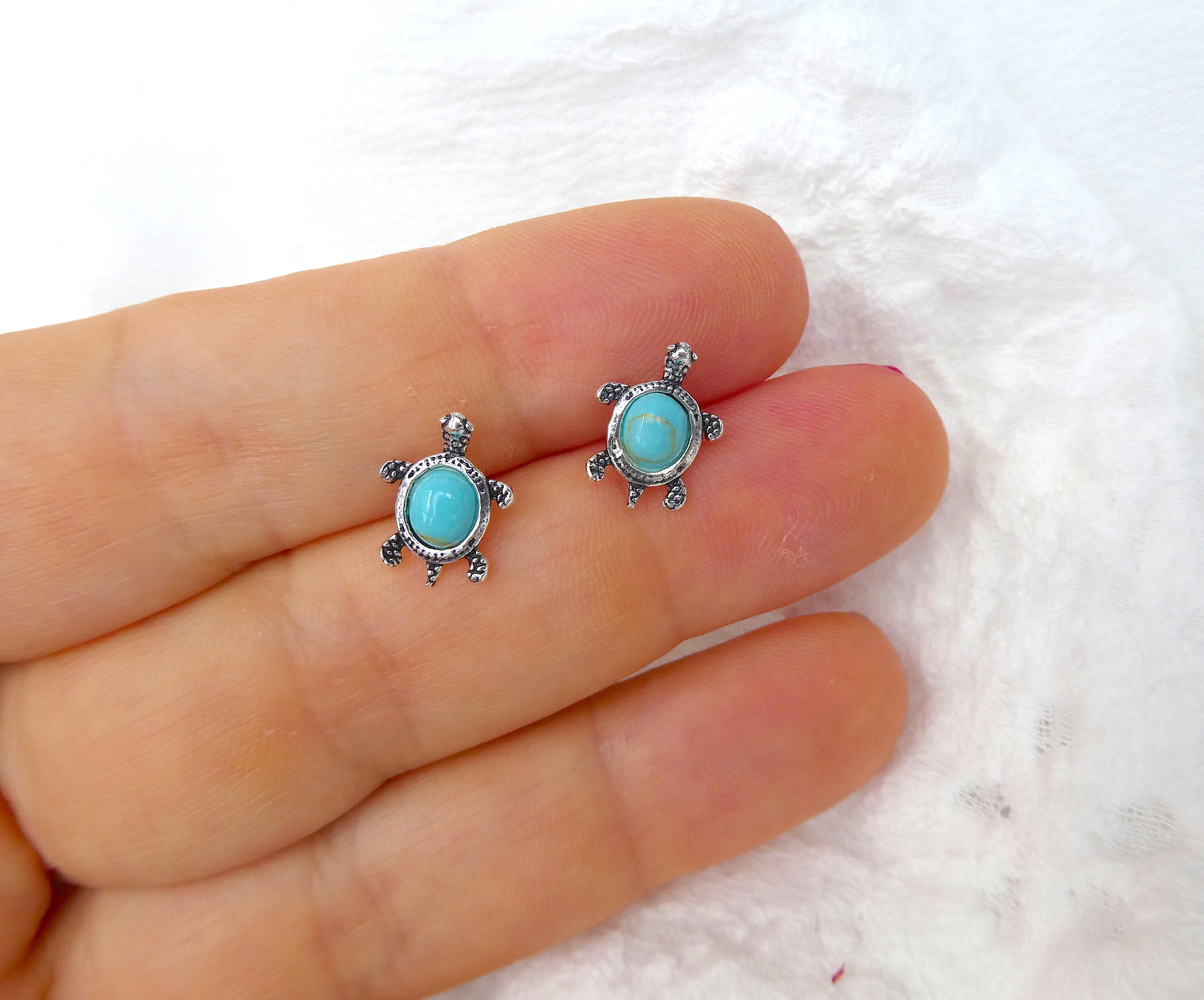 Turquoise Turtle Earrings Sterling Silver Turtle Stud Etsy