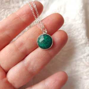 Emerald pendant necklace, sterling silver chain, round green emerald gemstone necklace, emerald charm, women gifts, green pendant necklace