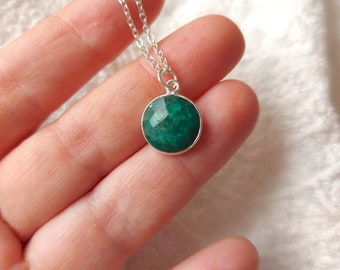 Emerald pendant necklace, sterling silver chain, round green emerald gemstone necklace, emerald charm, women gifts, green pendant necklace