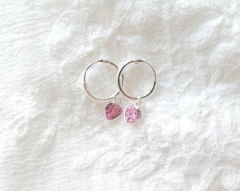 Sterling Silver charm hoop earrings, pink charm earrings, heart earrings,925 silver earrings, dainty hoops,gift for girlfriend,women earring
