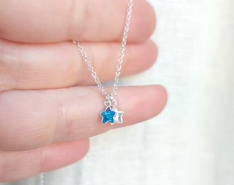 Sterling silver aquamarine and crystal necklace, 925 silver, dainty necklace, stars necklace, star charm, star pendant necklace