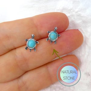 Turquoise turtle earrings, sterling silver turtle stud earrings, 925 silver earrings, natural stone earrings
