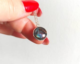 Natural Labradorite gemstone sterling silver necklace, 925 November Birthstone pendant, delicate dainty charm necklace