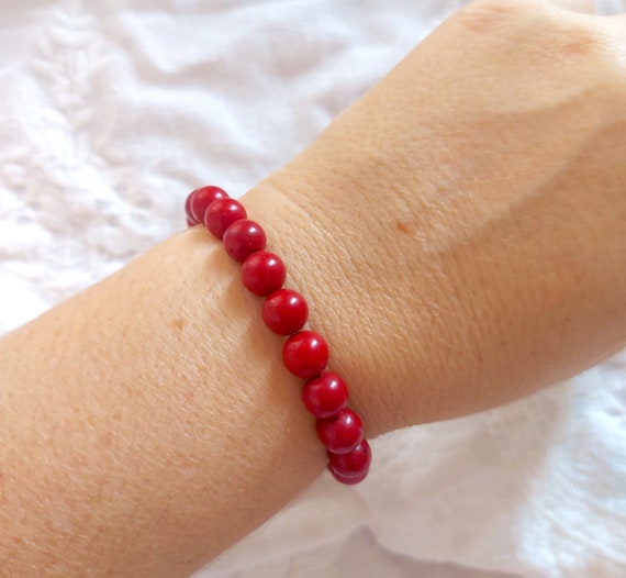 Coral Bracelet, Natural Coral Gemstone Bracelet, Real Red