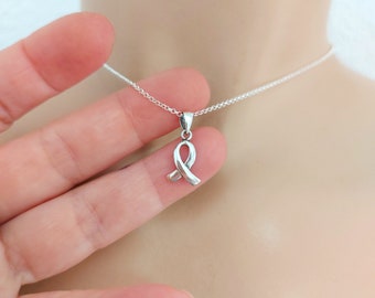 Sterling Silver Cancer ribbon necklace , cancer ribbon charm, pendant, silver cancer ribbon, support gift, prevention month