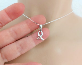 Sterling Silver Cancer ribbon necklace , cancer ribbon charm , pendant , silver necklace , support prevention month