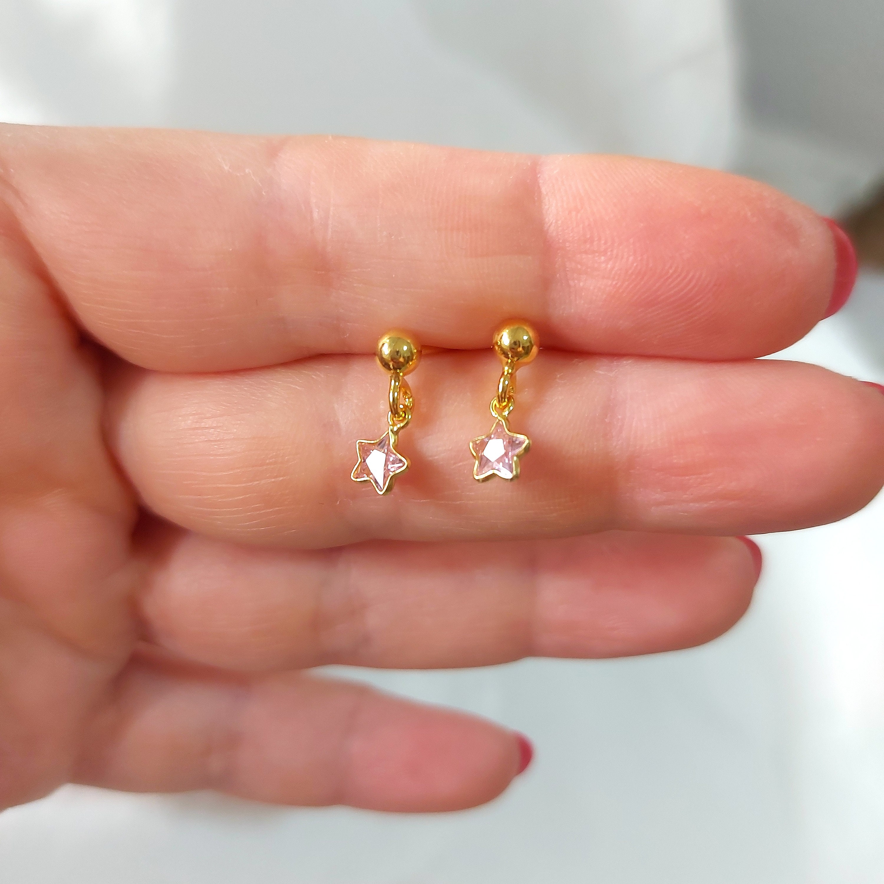Dainty Pink Star Earrings, Gold Filled Dangle stars earrings, Sparkling, minimalist Jewelry, Perfect Gift for Her, tiny earrings