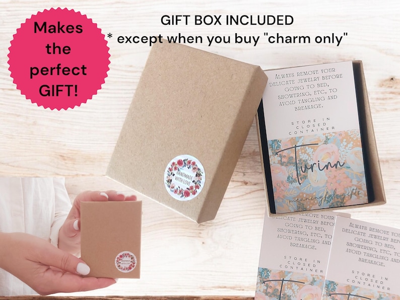 May include: A brown gift box with a floral sticker that says "Handmade with Love". The box is open and shows a smaller brown box inside. The smaller box has a sticker that says "Store in closed container". The image also includes a card with the text "Always remove your delicate jewelry before going to bed, showering, etc., to avoid tangling and breakage. Store in closed container". The card has a floral design and the text "Turinn meaning "gift".