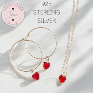 Conjunto de joyas de plata de ley: collar de corazón rojo y pendientes de aro