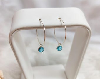 Blue Aquamarine Hoop Earrings, Sterling Silver Hoops, Minimalist Dangle Earrings, Everyday Jewelry, Gift for Her