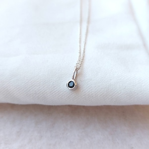 Puede incluir: Un delicado collar de cadena de plata con un pequeño colgante de piedra negra.