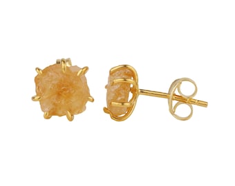 Uncut Citrine Stud Earrings, 8mm Gemstone, Gold Filled Settings, November Birthstone, Raw Crystal Jewelry, Healing Stones