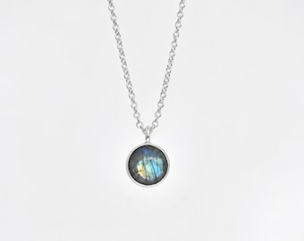 Labradorite stone necklace, sterling silver 925 labradorite gemstone pendant, delicate small dainty charm necklace for women