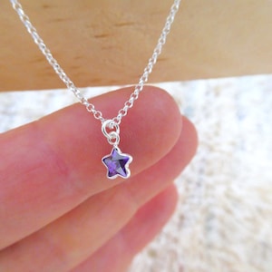 Può includere: Una delicata collana a catena d'argento con un piccolo ciondolo a forma di stella viola.
