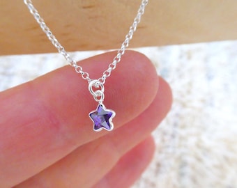 Sterling Silver Necklace, tiny amethyst star pendant, purple star charm jewelry, gifts for her